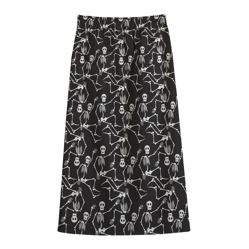 Black And White Skeleton Pattern Print Cotton Front Slit Maxi Skirt