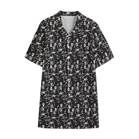 Black And White Skeleton Pattern Print Cotton Hawaiian Shirt