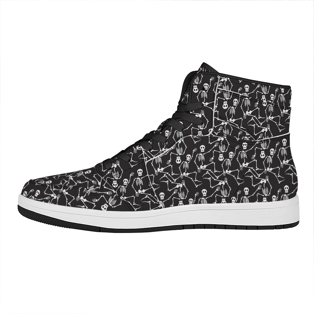 Black And White Skeleton Pattern Print High Top Leather Sneakers
