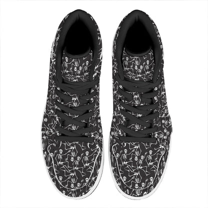Black And White Skeleton Pattern Print High Top Leather Sneakers