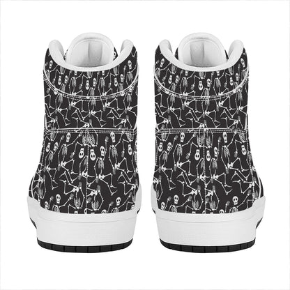 Black And White Skeleton Pattern Print High Top Leather Sneakers