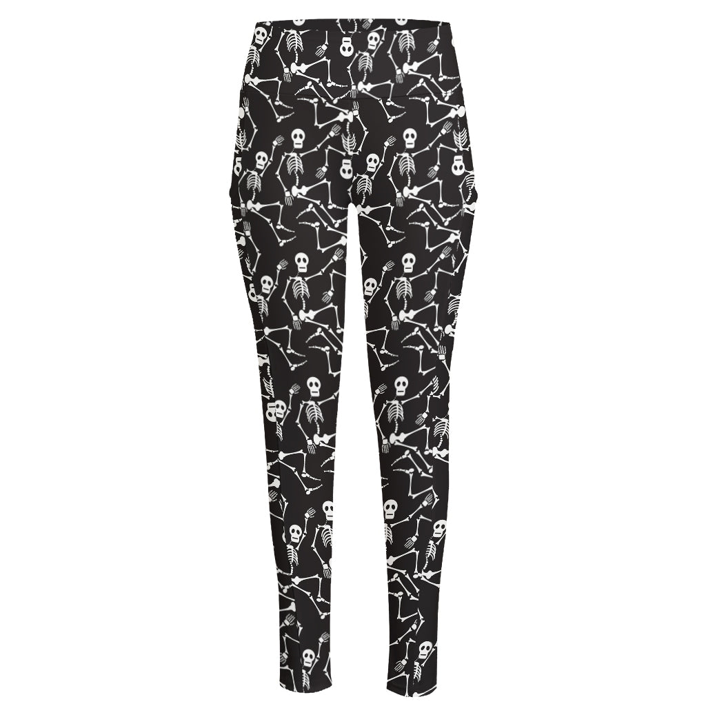 Black And White Skeleton Pattern Print High-Waisted Pocket Leggings