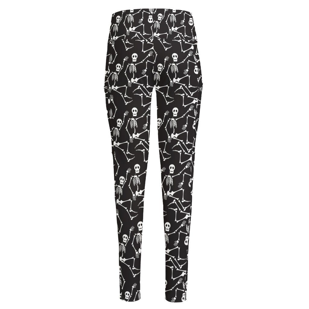 Black And White Skeleton Pattern Print High-Waisted Pocket Leggings