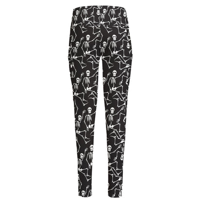 Black And White Skeleton Pattern Print High-Waisted Pocket Leggings
