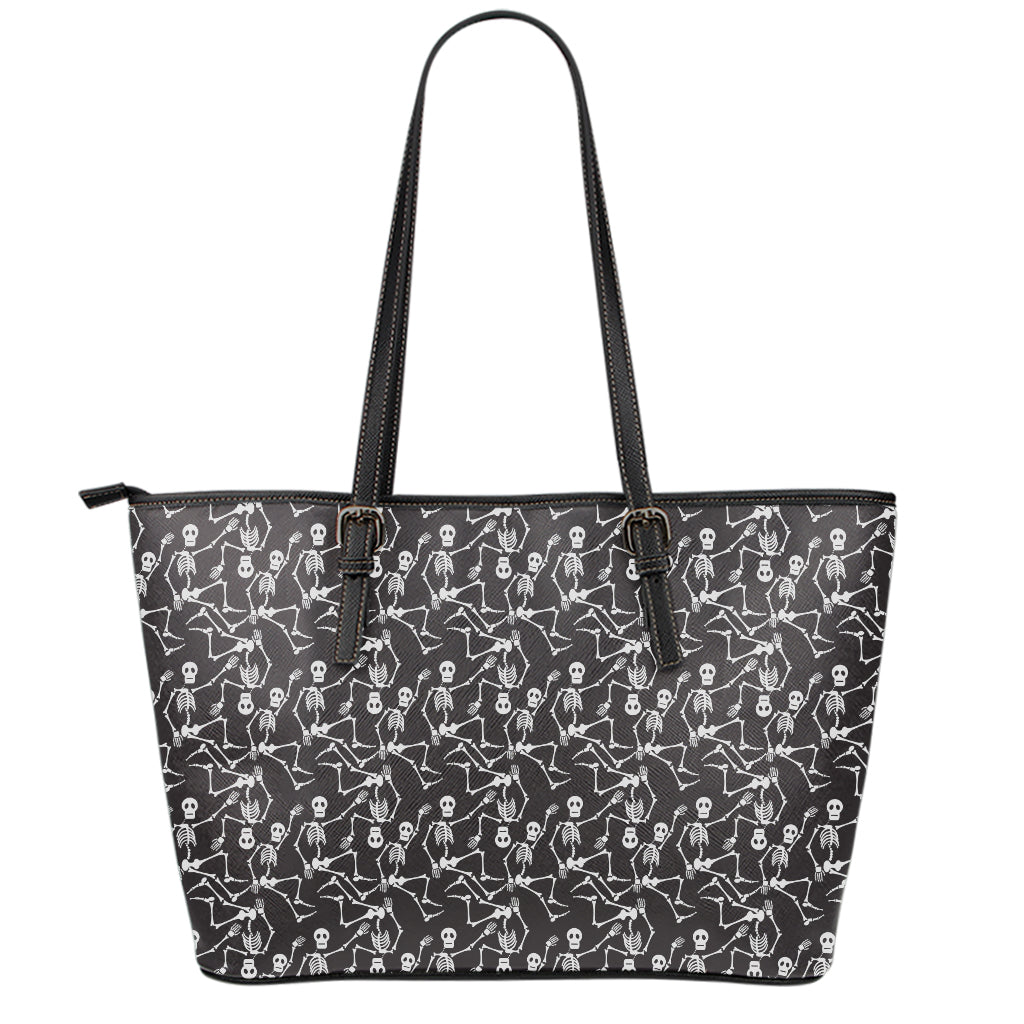 Black And White Skeleton Pattern Print Leather Tote Bag