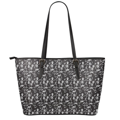 Black And White Skeleton Pattern Print Leather Tote Bag