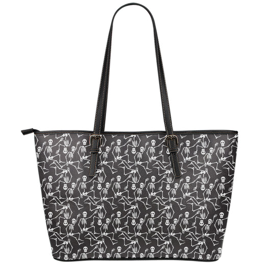 Black And White Skeleton Pattern Print Leather Tote Bag