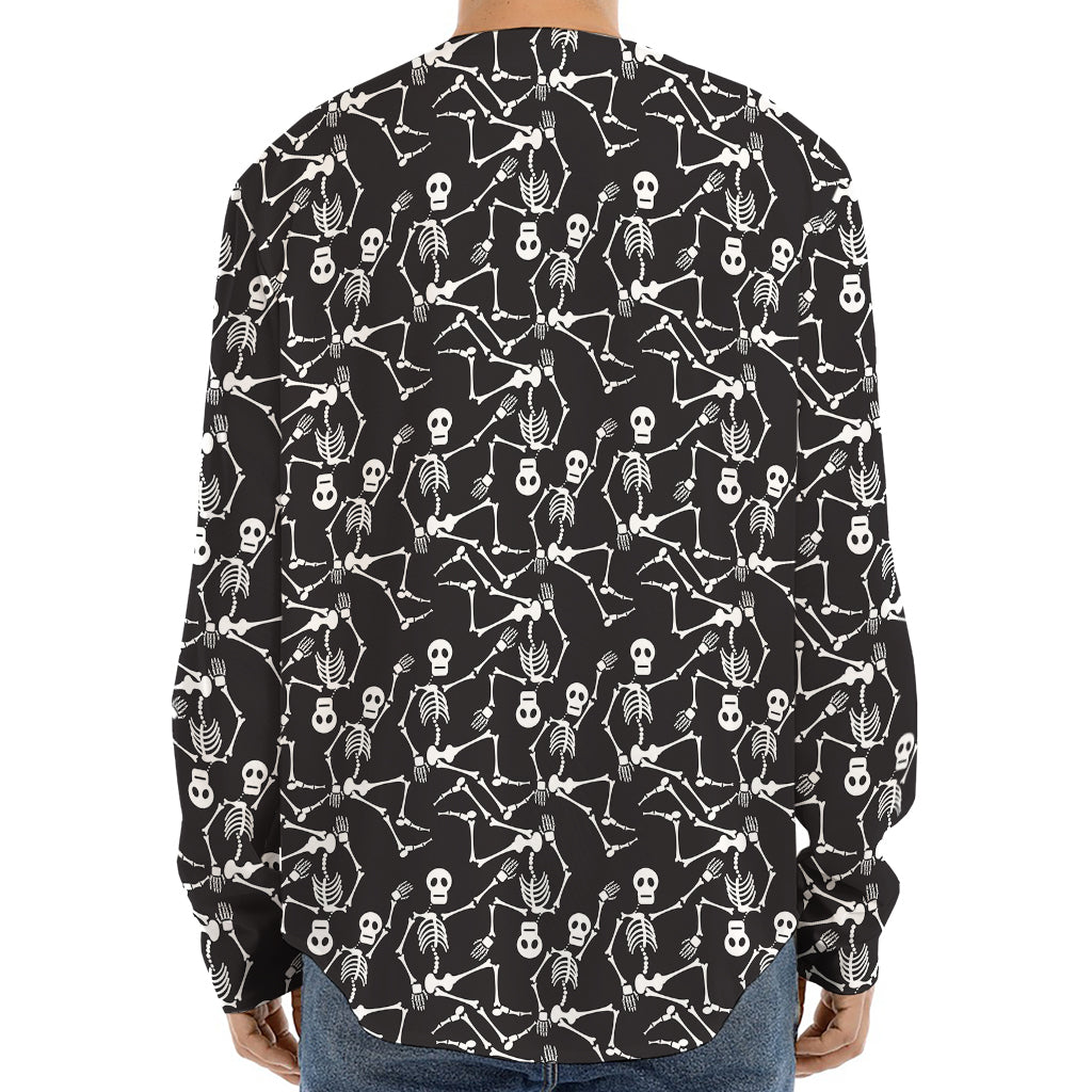 Black And White Skeleton Pattern Print Long Sleeve Baseball Jersey