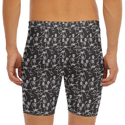 Black And White Skeleton Pattern Print Men's Long Boxer Briefs