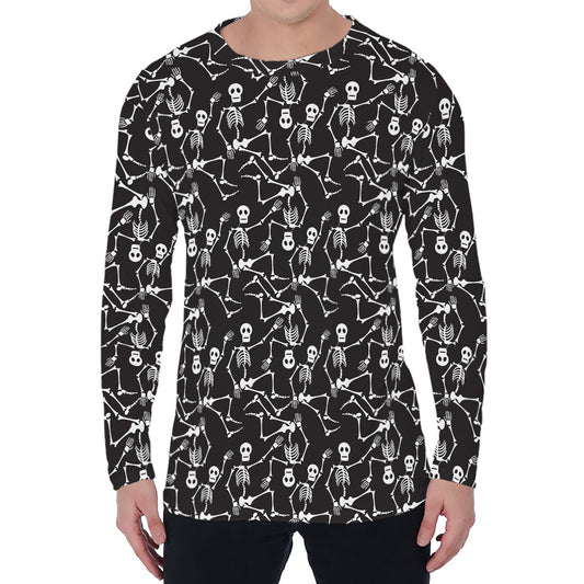 Black And White Skeleton Pattern Print Men's Long Sleeve T-Shirt