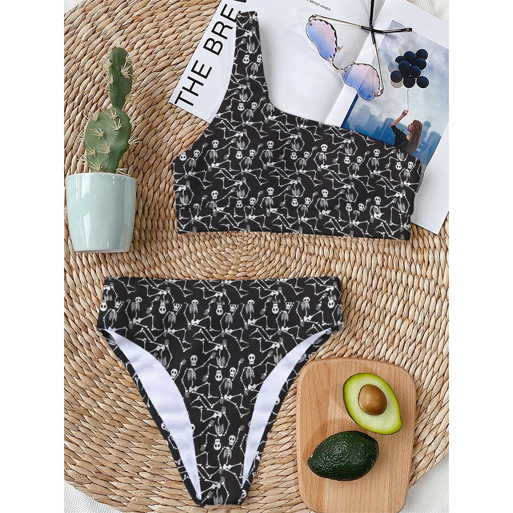Black And White Skeleton Pattern Print One Shoulder Bikini Top