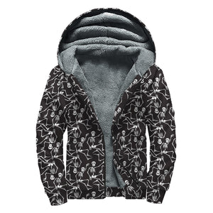 Black And White Skeleton Pattern Print Sherpa Lined Zip Up Hoodie