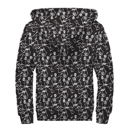 Black And White Skeleton Pattern Print Sherpa Lined Zip Up Hoodie