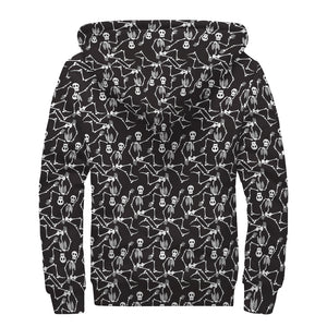 Black And White Skeleton Pattern Print Sherpa Lined Zip Up Hoodie