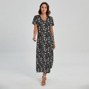 Black And White Skeleton Pattern Print Short Sleeve Maxi Dress