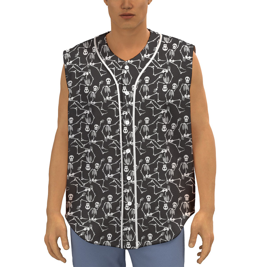 Black And White Skeleton Pattern Print Sleeveless Baseball Jersey