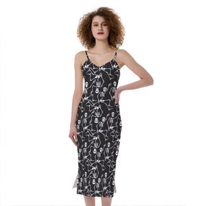 Black And White Skeleton Pattern Print Slim Fit Midi Cami Dress