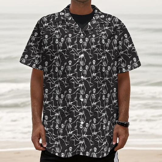 Black And White Skeleton Pattern Print Textured Short Sleeve Shirt