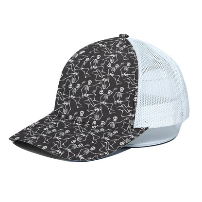 Black And White Skeleton Pattern Print White Mesh Trucker Cap