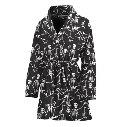 Black And White Skeleton Pattern Print Women's Bathrobe