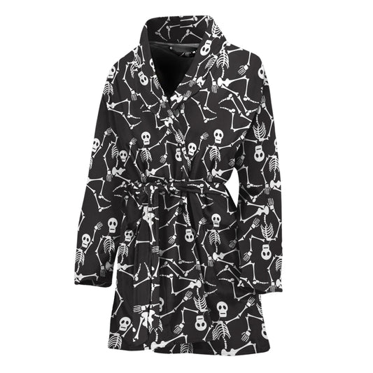 Black And White Skeleton Pattern Print Women's Bathrobe