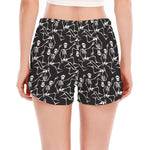 Black And White Skeleton Pattern Print Women's Split Running Shorts