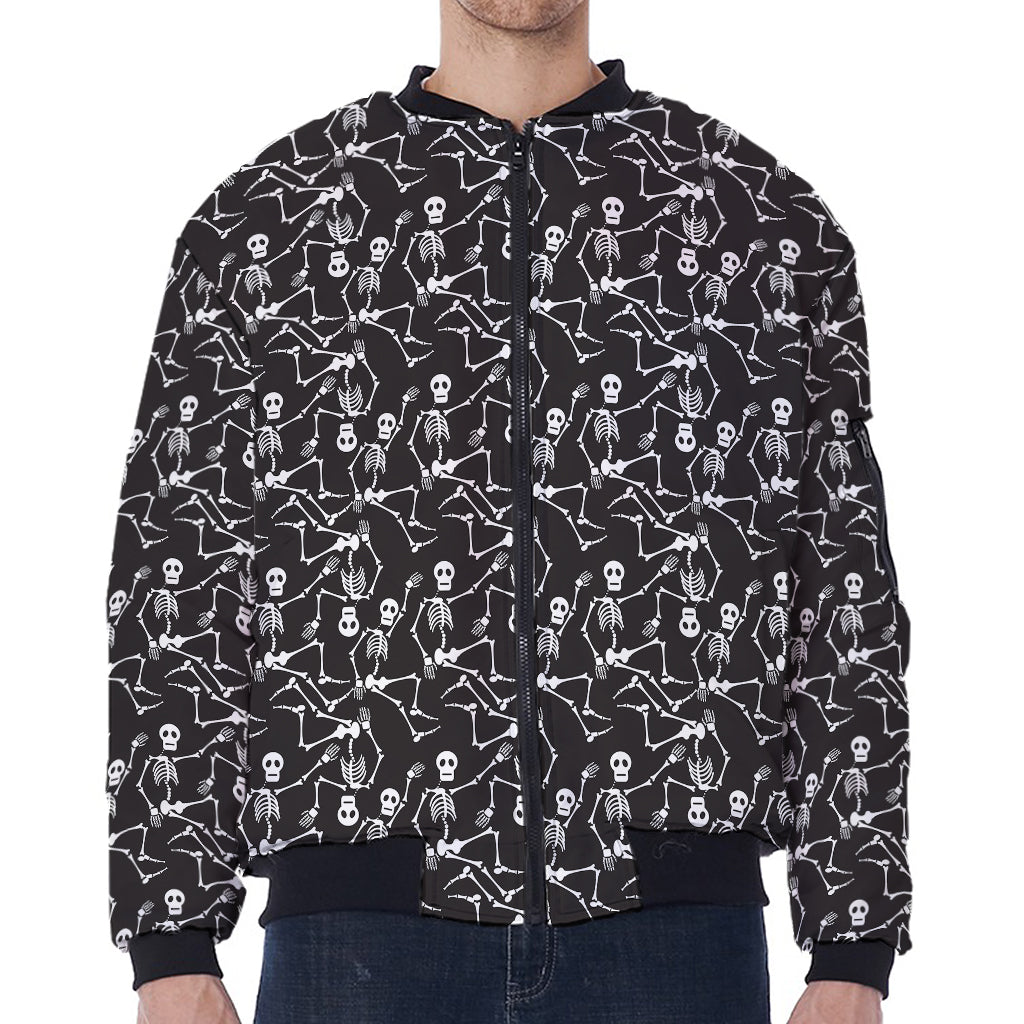 Black And White Skeleton Pattern Print Zip Sleeve Bomber Jacket