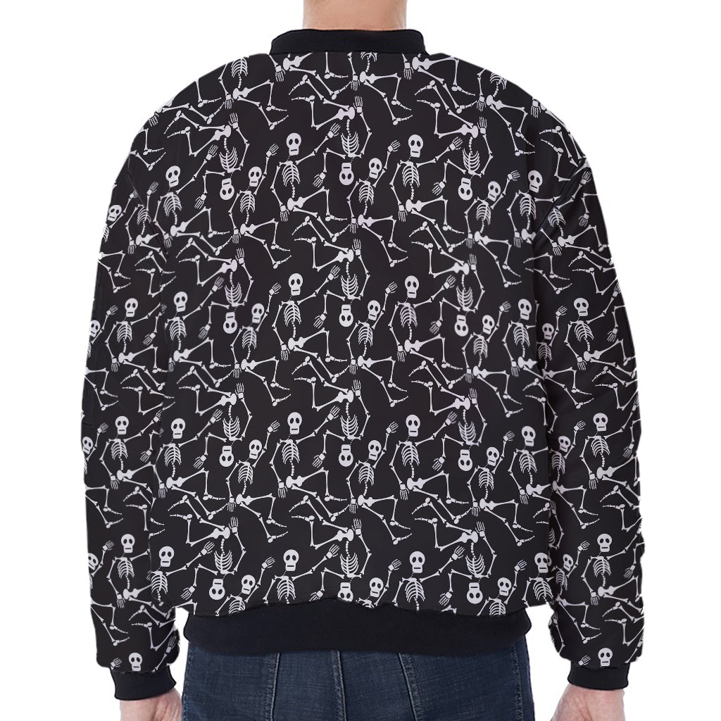 Black And White Skeleton Pattern Print Zip Sleeve Bomber Jacket