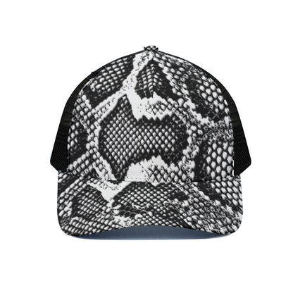 Black And White Snakeskin Print Black Mesh Trucker Cap