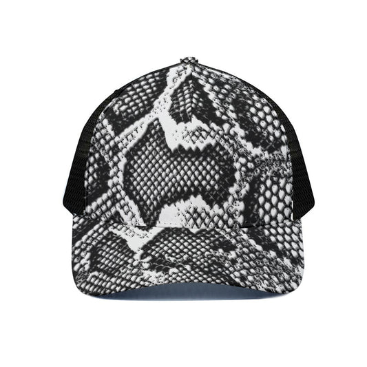 Black And White Snakeskin Print Black Mesh Trucker Cap
