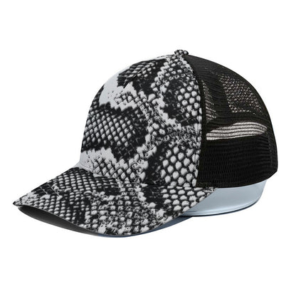 Black And White Snakeskin Print Black Mesh Trucker Cap