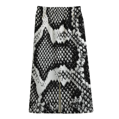 Black And White Snakeskin Print Cotton Front Slit Maxi Skirt