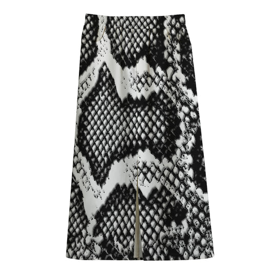 Black And White Snakeskin Print Cotton Front Slit Maxi Skirt