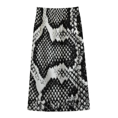 Black And White Snakeskin Print Cotton Front Slit Maxi Skirt