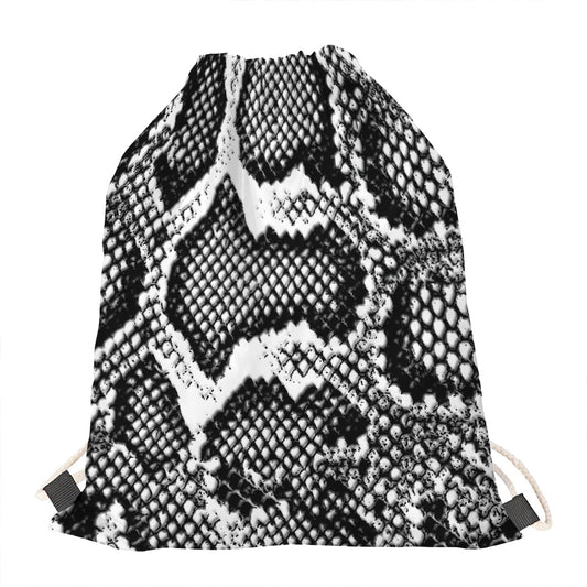 Black And White Snakeskin Print Drawstring Bag
