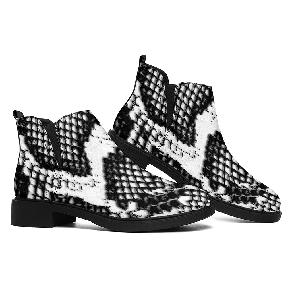 Black And White Snakeskin Print Flat Ankle Boots