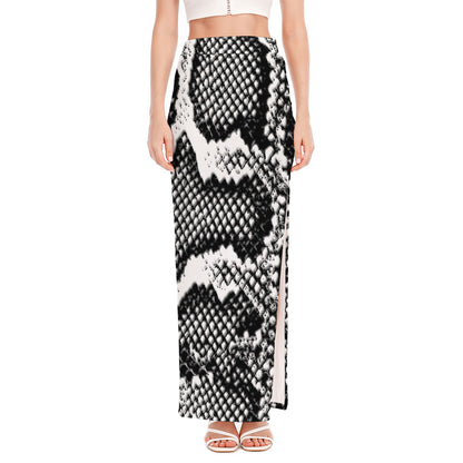 Black And White Snakeskin Print High Slit Maxi Skirt