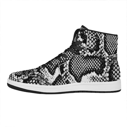 Black And White Snakeskin Print High Top Leather Sneakers