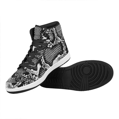 Black And White Snakeskin Print High Top Leather Sneakers