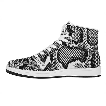 Black And White Snakeskin Print High Top Leather Sneakers