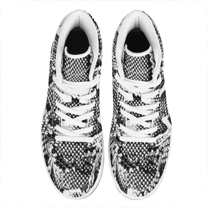 Black And White Snakeskin Print High Top Leather Sneakers