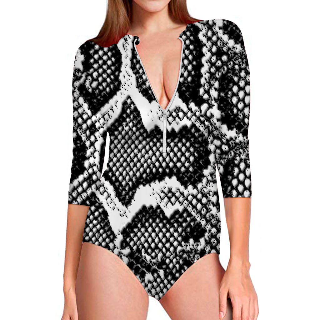 Black And White Snakeskin Print Long Sleeve Swimsuit