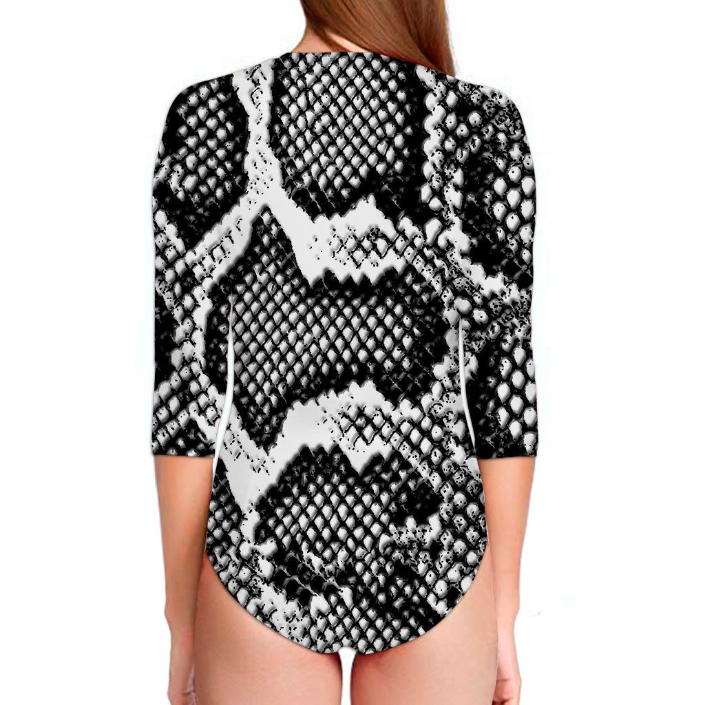 Black And White Snakeskin Print Long Sleeve Swimsuit