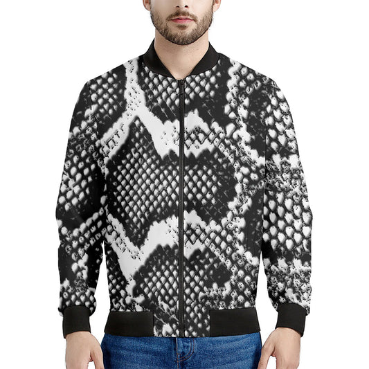 Black And White Snakeskin Print Men's Bomber Jacket