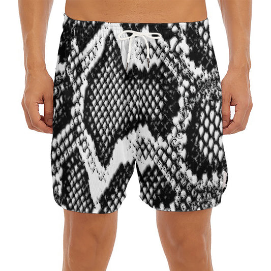 Black And White Snakeskin Print Men's Split Running Shorts