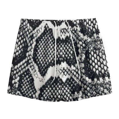 Black And White Snakeskin Print Mesh Shorts