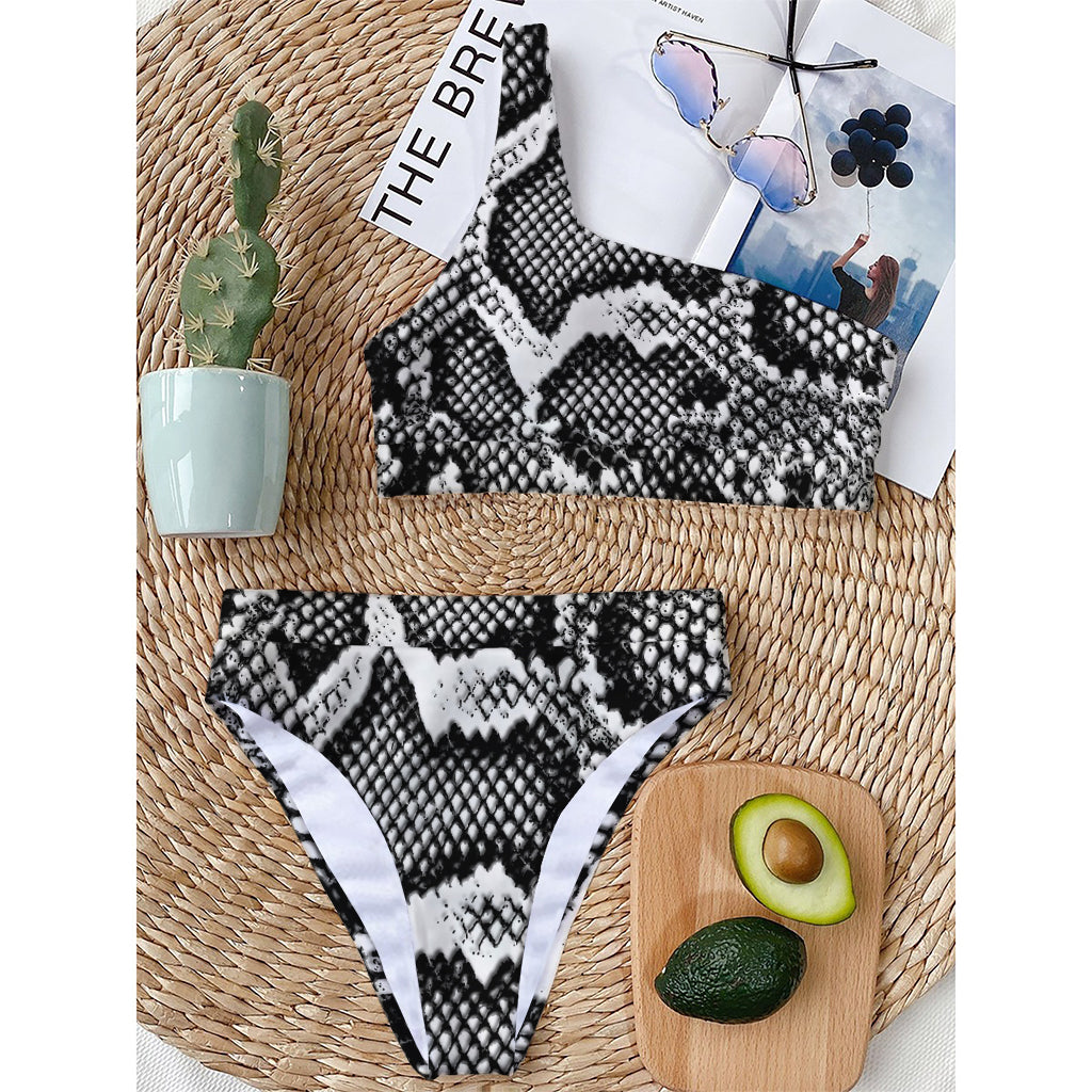 Black And White Snakeskin Print One Shoulder Bikini Top
