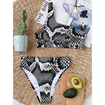 Black And White Snakeskin Print One Shoulder Bikini Top
