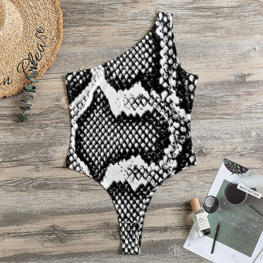 Black And White Snakeskin Print One Shoulder Bodysuit