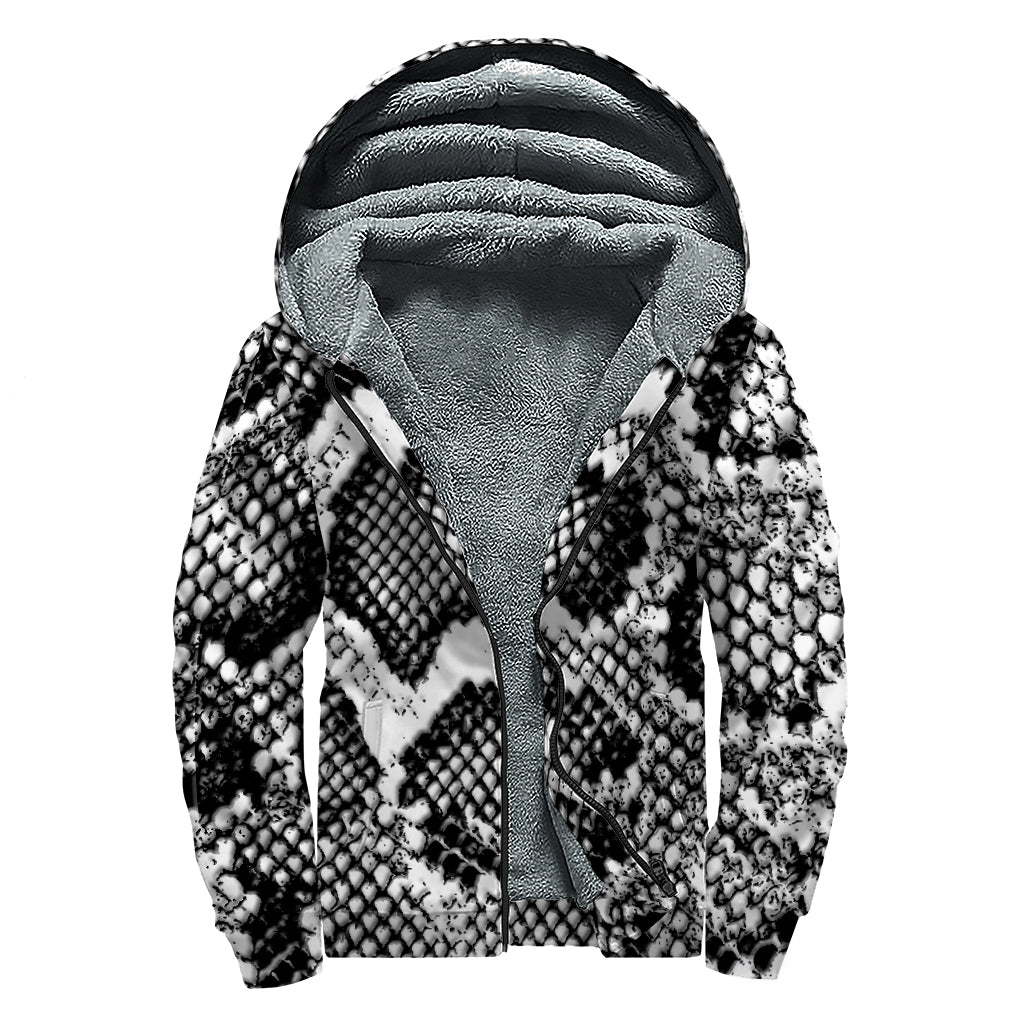 Black And White Snakeskin Print Sherpa Lined Zip Up Hoodie